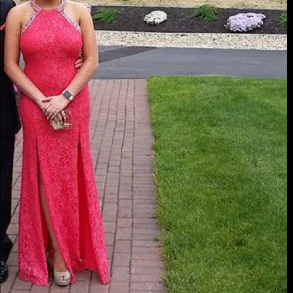 Coral lace glitter prom dress